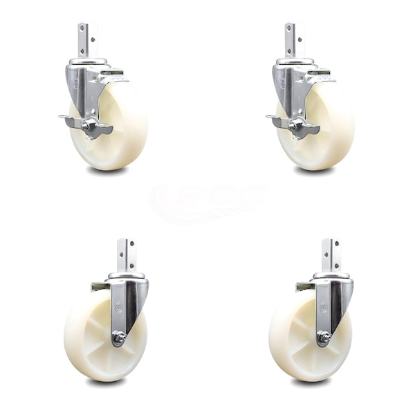 5 Inch Nylon Wheel Swivel 7/8 Inch Square Stem Caster Brakes SCC, 2PK
